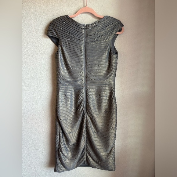 Tadashi Shoji Pewter/Gold Basket Weave Studded Stretch Bodycon Cocktail Dress M - Picture 8 of 15